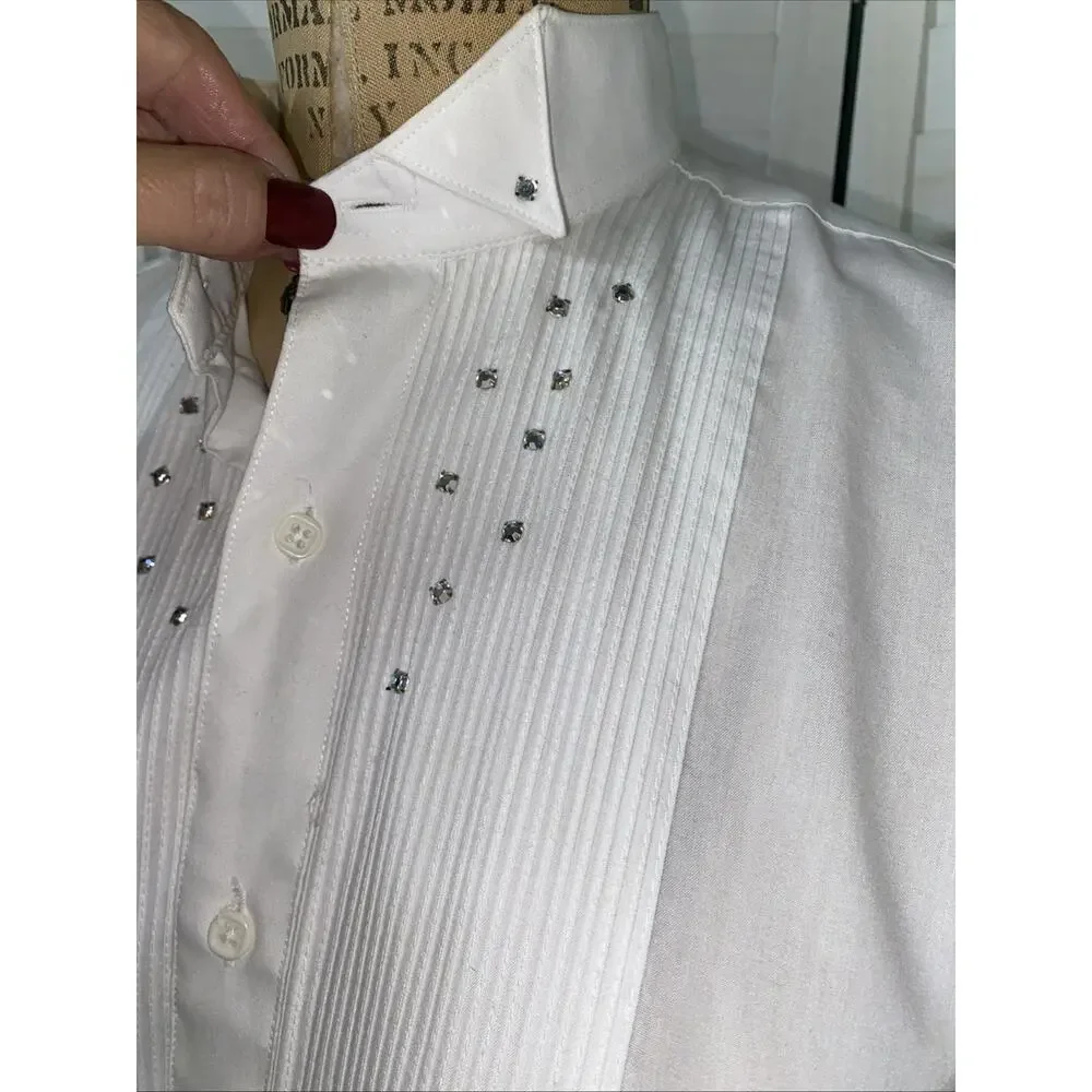 80s Fashion Gear White Tuxedo Shirt Pleated Front Long Sleeve Rhinestone Small
